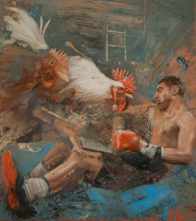 Boxeador con gallos, 2018 (óleo sobre lienzo) de Nicola Pucci