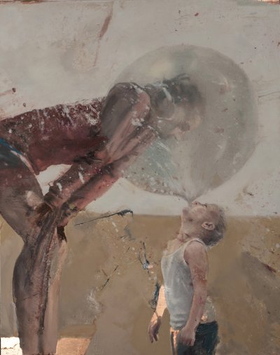 Burbuja III (Niño con madre), 2020 (óleo sobre cobre) de Nicola Pucci