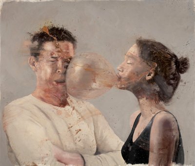 Burbuja I (Chica con boxeador), 2020 (óleo sobre lienzo) de Nicola Pucci