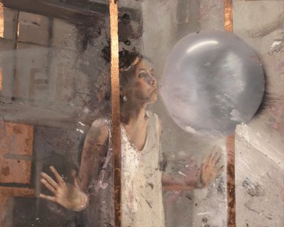 Burbuja V (Chica detrás de la ventana), 2020 (óleo sobre cobre) de Nicola Pucci