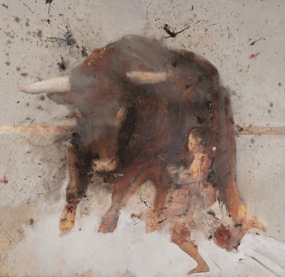Toro con torero, 2019 (óleo y combustión sobre madera) de Nicola Pucci