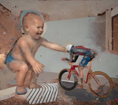 Niño ciclista II, 2023 (óleo sobre cobre) de Nicola Pucci