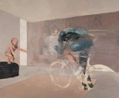 Niño con ciclista, 2019 (óleo sobre lienzo) de Nicola Pucci