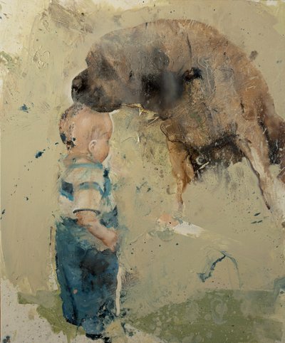 Niño con perro II, 2022 (óleo sobre lienzo) de Nicola Pucci