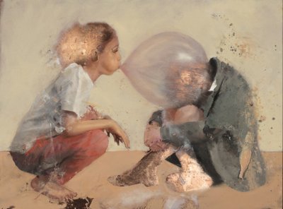 Niños agazapados - burbuja 2, 2020 (óleo sobre cobre) de Nicola Pucci