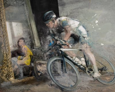 Ciclista con espejo, 2021 (óleo sobre lienzo) de Nicola Pucci