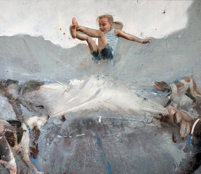 Niña saltando con perros, 2023 (óleo sobre lienzo) de Nicola Pucci