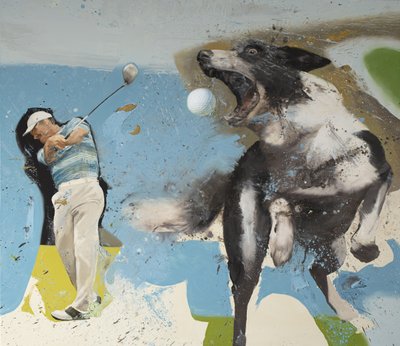 Golfista con perro, 2023 (óleo sobre lienzo) de Nicola Pucci
