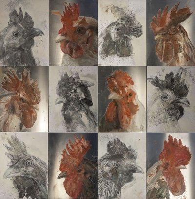 Gallos a la parrilla, 2019 (óleo sobre aluminio y grafito sobre papel) de Nicola Pucci