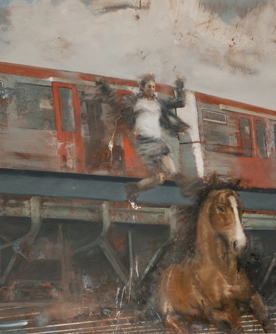 Saltar del tren, 2017 (óleo sobre lienzo) de Nicola Pucci