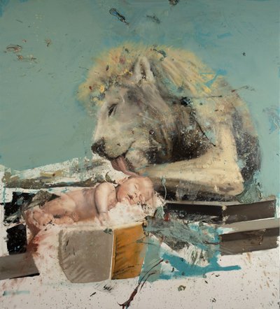 León y niño II, 2022 (óleo sobre lienzo) de Nicola Pucci