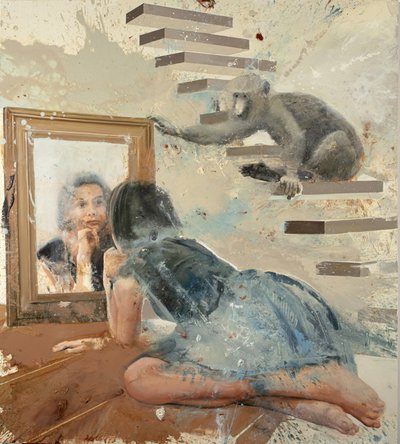 Niña espejo con babuino, 2023 (óleo sobre lienzo) de Nicola Pucci