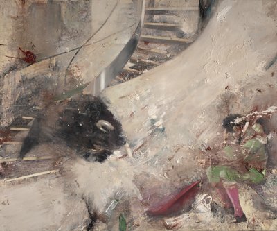 Toro de escalera con torero, 2021 (óleo sobre lienzo) de Nicola Pucci