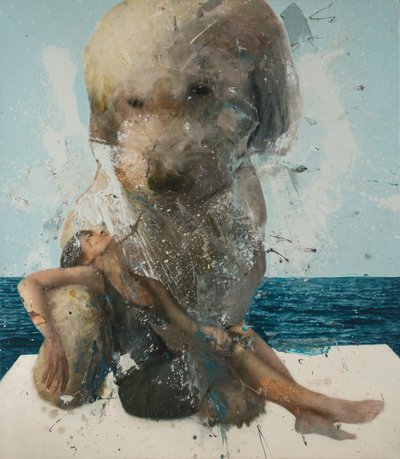 Mujer con perro y mar, 2019 (óleo sobre lienzo) de Nicola Pucci