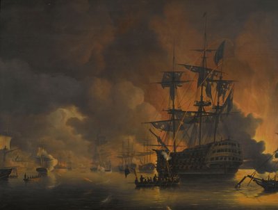 El incendio en los muelles de Argel, poco después del comienzo del bombardeo de la flota anglo-holandesa, 27 de agosto de 1816
Cuatro episodios durante la presencia de la flota anglo-holandesa en la bahía de Argel, del 26 al 27 de agosto de 1816 (título d de Nicolaas Baur