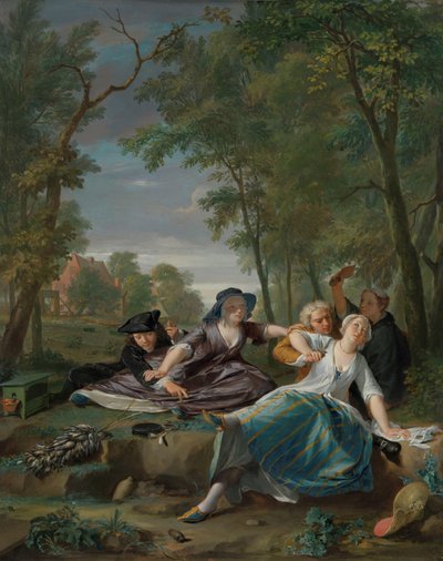 Escena de género con parejas jóvenes y elegantes en un paisaje de Nicolaas Verkolje