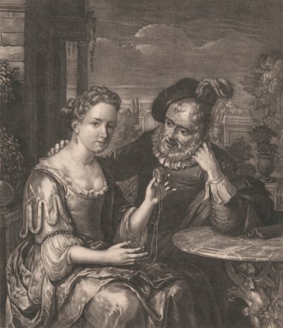 Hombre mostrando una miniatura a una niña de Nicolaas Verkolje