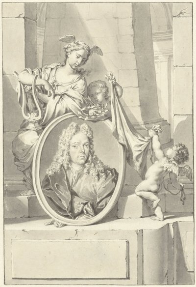 Putti y una mujer cerca de un medallón con el retrato de Arnold Houbraken de Nicolaas Verkolje