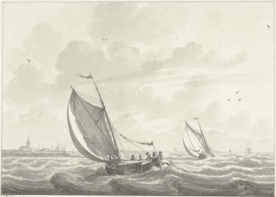Barco navegando por el Mosa, los pueblos de Oud y Nieuw Beijerland en la distancia de Nicolaas Wicart