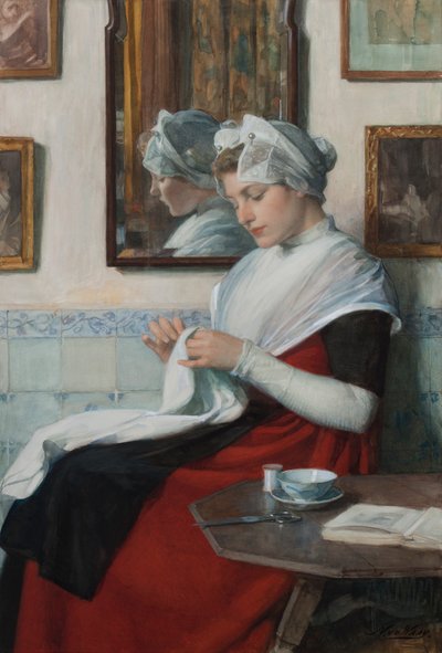 Una niña huérfana de Ámsterdam cosiendo, c.1890 de Nicolaas van der Waay