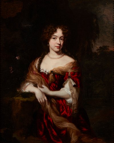 Retrato de tres cuartos de una dama con vestido rojo (óleo sobre lienzo) de Nicolaes (follower of) Maes