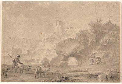 Pastor de ovejas y pescadores en un paisaje fluvial del sur de Nicolaes Berchem