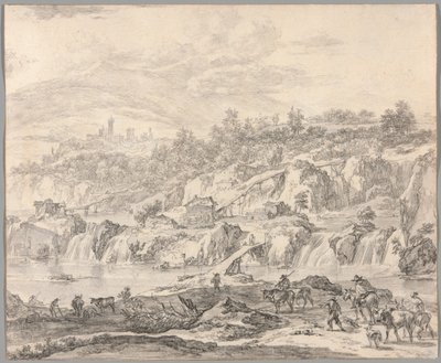 Paisaje con cascadas y puentes, campesinos en primer plano de Nicolaes Berchem