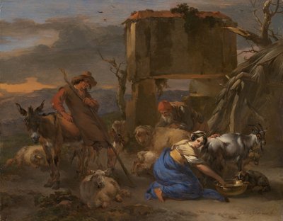 Escena pastoral con una pastora ordeñando una cabra, 1665-70 de Nicolaes Berchem
