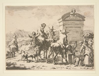 Sin título - Escena de género con personas en burros y una lápida de Nicolaes Berchem