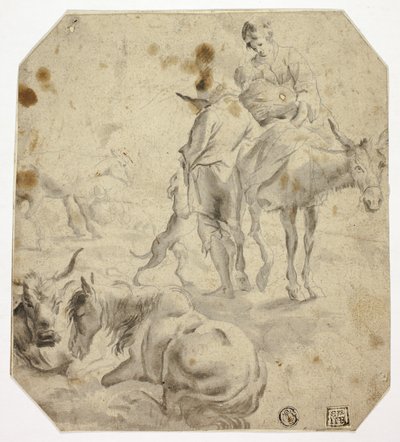 Mujer y niño en burro, hombre, perros, caballos de Nicolaes Berchem