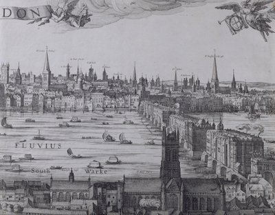Panorama de Londres y el Támesis, parte tres mostrando Southwark, el Puente de Londres y las iglesias en la Ciudad, c.1600 de Nicolaes Jansz Visscher