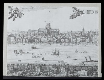 Panorama de Londres y el Támesis, parte dos mostrando la Catedral de San Pablo y el Teatro Globe, c. 1600 de Nicolaes Jansz Visscher