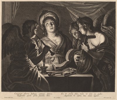 Santa Cecilia acompañada por músicos celestiales de Nicolaes Lauwers after Gerard Seghers