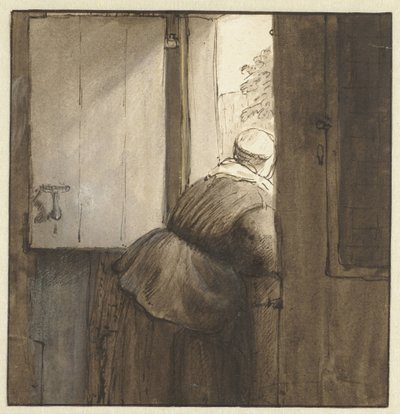 La mujer se inclinó sobre la puerta inferior de Nicolaes Maes (possibly)