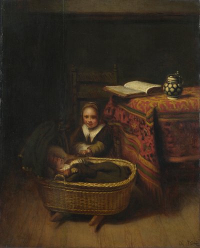 Una niña pequeña meciendo una cuna, c. 1655 de Nicolaes Maes