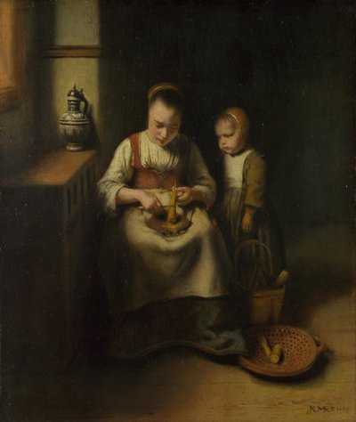 Una mujer raspando chirivías, con un niño a su lado, 1655 de Nicolaes Maes