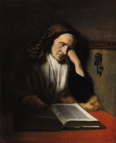 Una anciana dormitando sobre un libro, c. 1655 de Nicolaes Maes