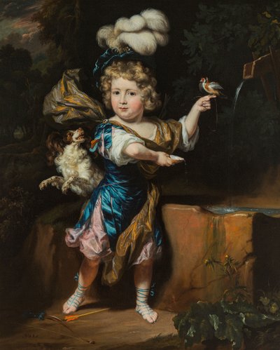 Holandés: Niño con pájaro y perro en una fuente Niño con pájaro y perro en una fuente de Nicolaes Maes