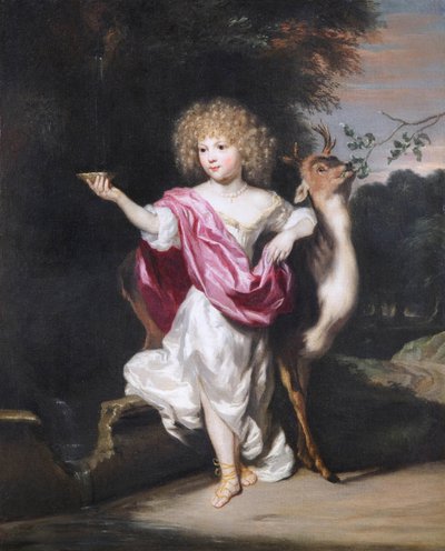 ""Retrato de una niña con un ciervo"" Pintura de Nicolaes Maes (1634-1693) de Nicolaes Maes
