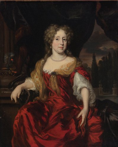 Retrato de una dama con vestido rojo de Nicolaes Maes