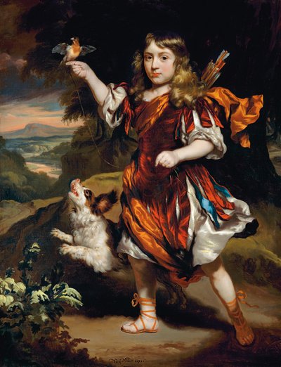 Retrato de un niño, como Daifilo, con un sobrepelliz rojo sobre una túnica plateada, con una capa naranja, un pájaro descansando en su mano derecha, su perro a su lado, en un paisaje de Nicolaes Maes