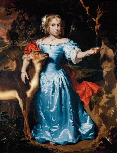Retrato de una niña, de cuerpo entero, como Granida, en un vestido de seda azul y manto rojo, su mano izquierda recogiendo agua en una concha de un manantial, su mano derecha alrededor de un ciervo de Nicolaes Maes
