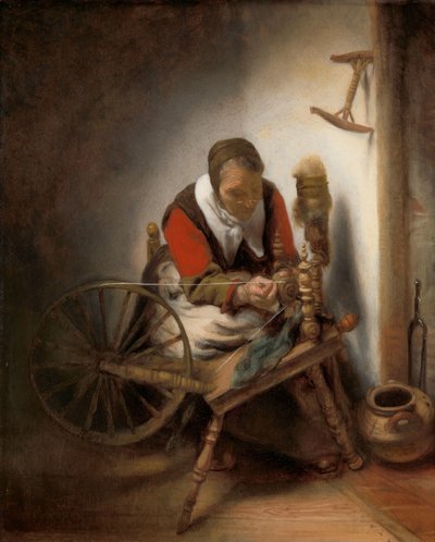 La hilandera, un niddy-noddy colgado en la pared de Nicolaes Maes