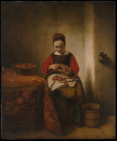 Mujer joven pelando manzanas de Nicolaes Maes