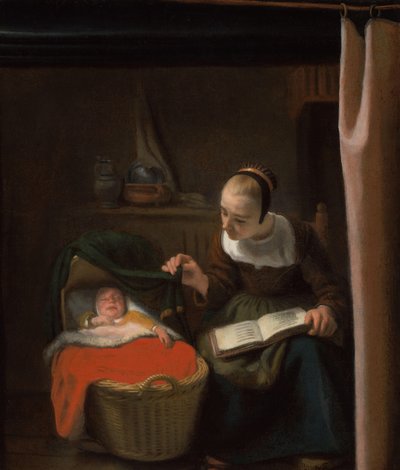 Mujer joven en una cuna de Nicolaes Maes