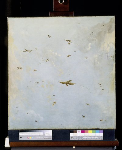 Pintura de techo de casa de muñecas de un cielo nublado con pájaros de Nicolaes Piemont (attributed to)