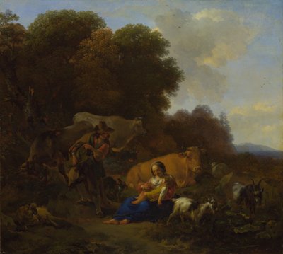Un campesino tocando una zanfona para una mujer y un niño de Nicolaes Pietersz. Berchem