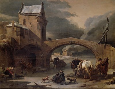 Un paisaje invernal con campesinos y caballos en un canal congelado junto a un puente fortificado, c.1660-70 de Nicolaes Pietersz. Berchem