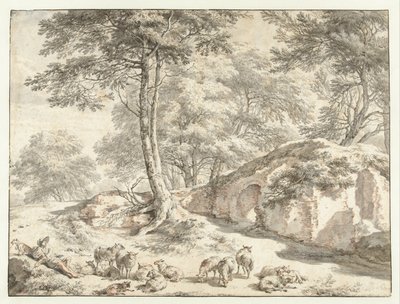Pastor con ovejas cerca de una ruina entre árboles de Nicolaes Pietersz Berchem