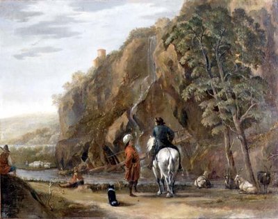 Paisaje italianizante con figuras y un caballo en un camino de Nicolaes Pietersz. Berchem
